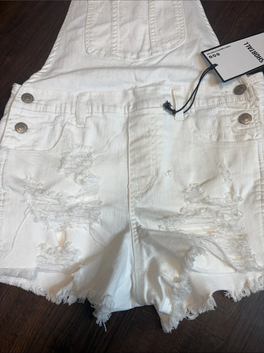 Almost Famous NWT Womens size 5 White Distressed Denim Shortall Overalls